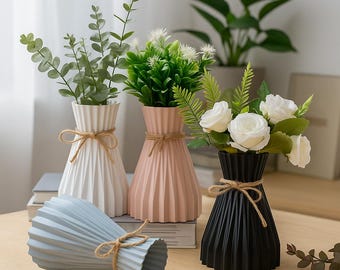 Modern Ribbed Vase with Jute Tie, Minimalist Nordic Home Decor, Small Decorative Flower Vase for Living Room Shelf Styling and Table Decor