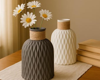 Modern plastic Vase with Rope Detail, Minimalist Nordic Home Decor Flower Vase for Living Room Shelf or Table Styling Decor Accent