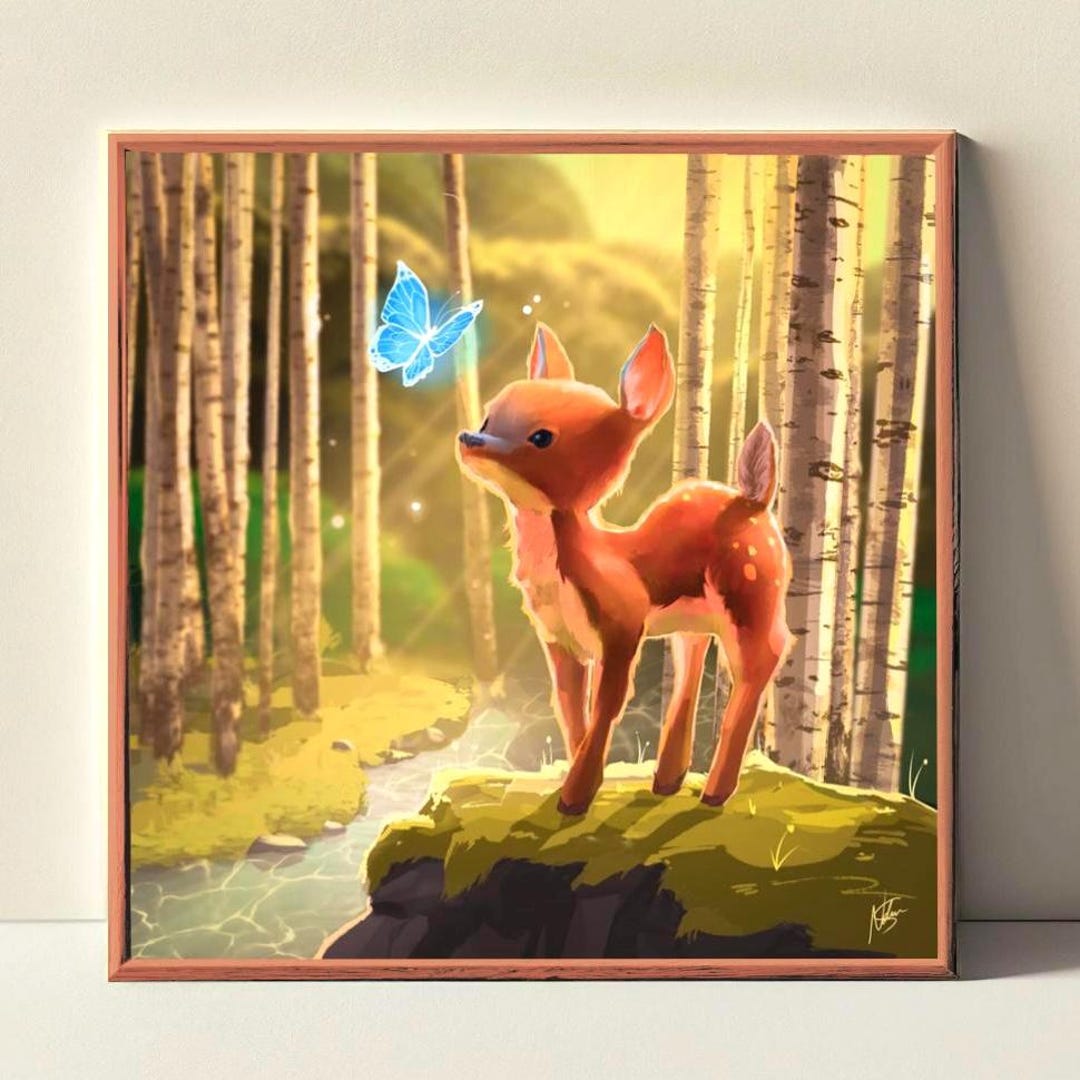 A Friendly Greeting – Whimsical Deer Illustration, Glowing Butterfly in ...