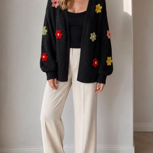 Floral Patchwork Knit Duster Cardigan, Long Sleeve Sweater
