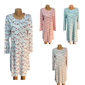 Women's Cotton Nightgown, Long-Sleeved Patterned Sleep Dress, Comfortable Nightwear, Loose Fit Nightdress, Sizes M-2XL