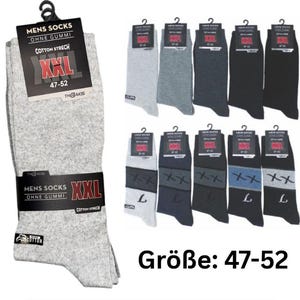 May include: A collection of cotton stretch socks in various shades of gray, black, and blue, featuring size XXL labels with the text 47-52. The socks are displayed with packaging tags that include the brand name TheBakis and the text Ohne Gummi.