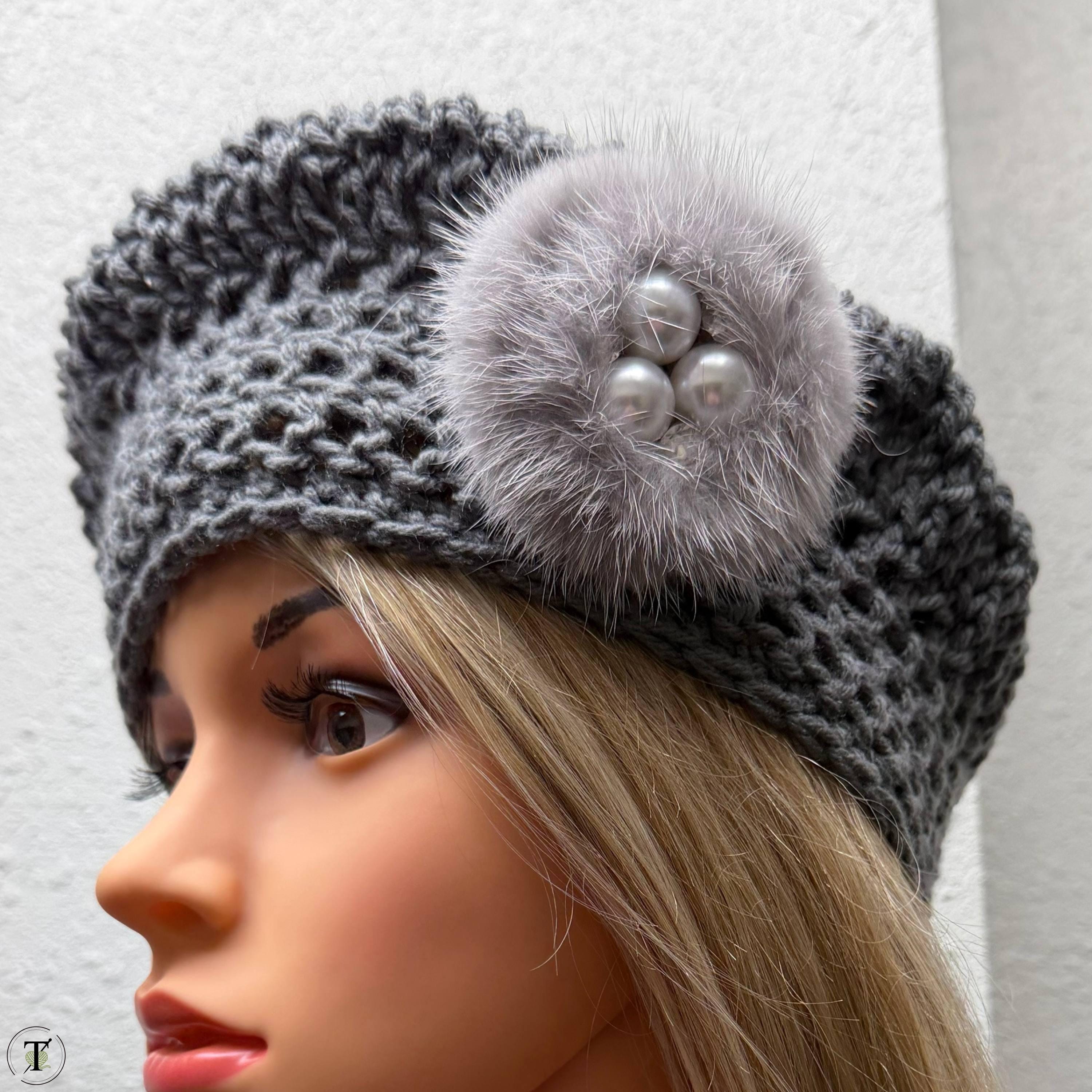Beret Gray White Black Faux Fur Cold Weather Beret Hat w/ Elastic headband Gray Fur Beret - Etsy main image 3