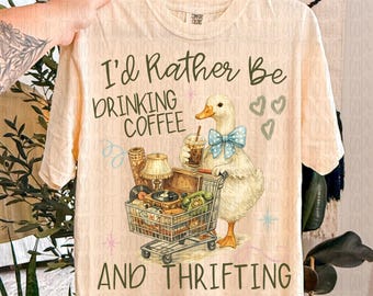 Prefiero comprar en tiendas de segunda mano (PNG), diseño de camiseta vintage de ganso de segunda mano, café retro y sublimación estética de segunda mano