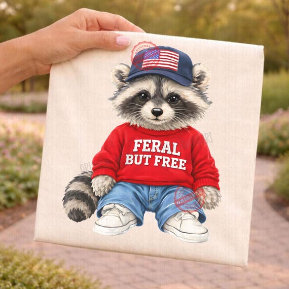 Patriotic Raccoon Png, Preppy 4th of July Shirt Design, Feral But Free Digital Download, Retro USA Flag png