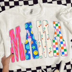Retro Mama Png, Cherries Checker Letters Sublimation, Trendy Mama Shirt Design, Preppy Varsity Mama Letters