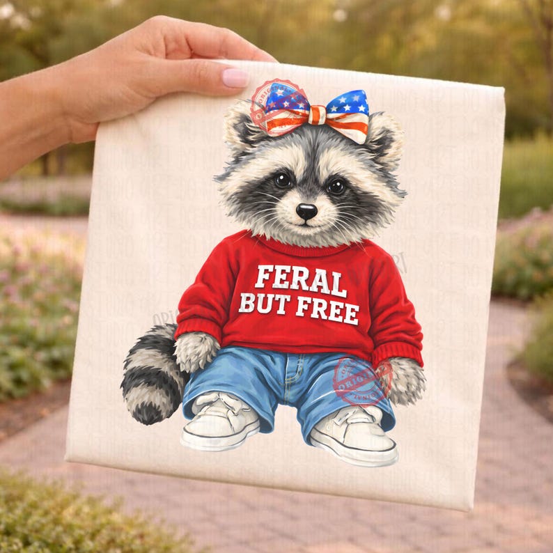 May include: A canvas print featuring a raccoon wearing a red sweater with the text "FERAL BUT FREE", blue jeans, and white sneakers. The raccoon has a bow with an American flag design. The artwork has a whimsical and playful style.