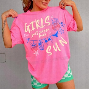 Girls Just Wanna Have Sun PNG, Coquette Stripes Trendy Sun Lover Digital Download, Distressed Neon Summer Vibes Colorful Shirt Design