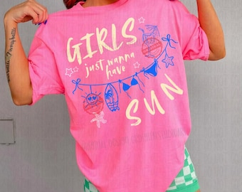 Girls Just Wanna Have Sun PNG, Coquette Stripes Trendy Sun Lover Digital Download, Distressed Neon Summer Vibes Colorful Shirt Design