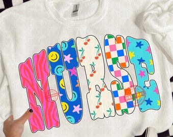 Retro Nurse Png, Cherries Checker Letters Sublimation, Trendy Nurse Shirt Design, Preppy Varsity Nurse Letters
