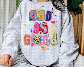 God is goed png, preppy retrochristelijk png, bijbelvers png, op geloof gebaseerde digitale sublimatie, bohochristelijk png, kleurrijke Jezus png