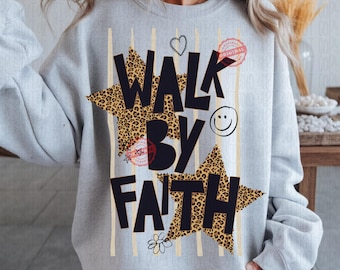 Boho Walk By Faith PNG, Leopard Faith Based Digital Sublimation, Christian Bible Verse png, Trendy Jesus png, Stripes Faith png