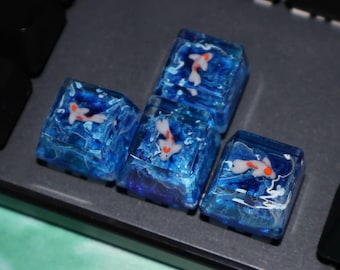 Handmade Blue Koi Fish Resin Arrow Keycaps, Ocean Theme Mechanical Keyboard WASD Keys