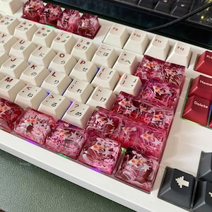 Puede incluir: Un teclado mecánico blanco con teclas personalizadas. Las teclas presentan una resina rosa translúcida con diseños de peces koi. El teclado tiene un diseño estándar con caracteres japoneses y teclas de función.
