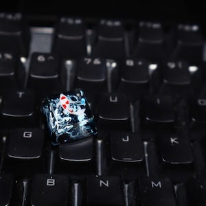 Puede incluir: Una tecla personalizada con un diseño de carpa koi, colocada en un teclado negro. La tecla tiene un fondo arremolinado azul y blanco, con una carpa koi roja y blanca. Un accesorio único.