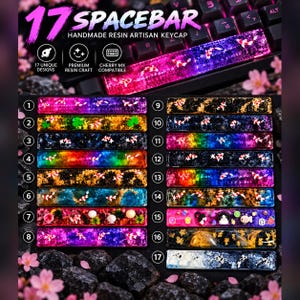 May include: A collection of 17 handmade resin artisan spacebar keycaps for mechanical keyboards. Each long, rectangular keycap features unique embedded designs, including koi fish, gold flakes, floral elements, and vibrant color gradients.