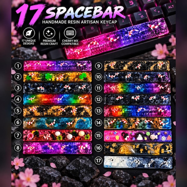 Teclas de barra espaciadora con diseño de estanque de carpas koi hechas a mano, teclas de teclado artesanales de resina, 6.25u (compatibles con Cherry MX)