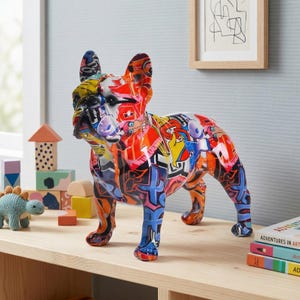 Statue bouledogue français en résine colorée, décor de figurine de chien graffiti, ornement animal de bureau moderne