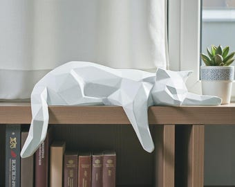 Geometric Cat Statue, Modern Black & White Cat Figurine for Home or Office, Minimalist Table, Shelf, Desk Decor