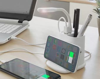 Wireless charger with organizer stand and 5-in-1 USB LED lamp