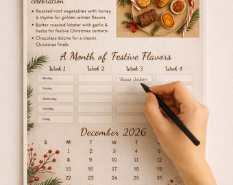Puede incluir: Un calendario de pared de diciembre de 2026 con un tema festivo. El calendario presenta una ilustración de comida y una nota manuscrita. El texto incluye "Bienvenido diciembre" y una lista de sabores festivos. Una mano escribe en el calendario.