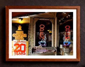 Coffee Shop Neon Open Sign Photography Print | Cozy Kitchen Wall Art