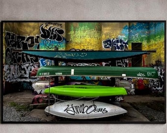 Graffiti Canoes Print | Urban Street Photography, Industrial Loft Art