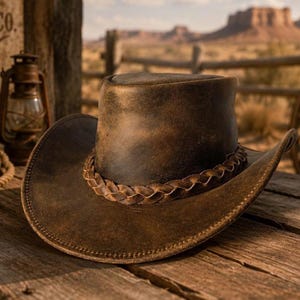 May include: A dark brown leather cowboy hat with a distressed finish and a braided leather hatband. The hat features a wide, curved brim and a tall, cylindrical crown, showcasing visible stitching along the edge of the brim and the band.