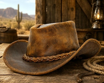Brown Distressed Leather Cowboy Hat: Western Style, Braided Band, Sun Protection