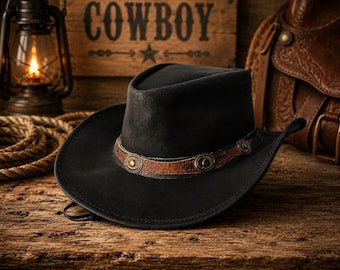 Black Leather Cowboy Hat, Vintage Western Rodeo Cap, Unisex Outback Style