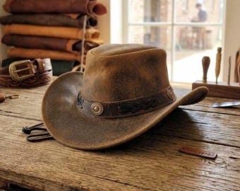 Handmade Brown Leather Cowboy Hat | Rustic Western Headwear