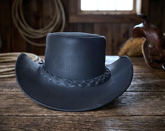 Handmade Black Leather Cowboy Hat: Western Outback Style