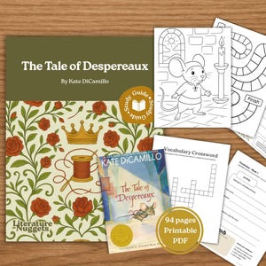 May include: A collection of educational materials for "The Tale of Despereaux" by Kate DiCamillo. Includes a book cover, study guide, coloring pages, and a crossword puzzle. The book cover features a floral design with roses and a crown.