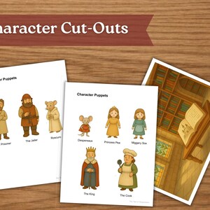 May include: Character cut-outs featuring illustrations of storybook characters. The image includes character puppets of a prisoner, jailer, mouse, princess, and cook. A picture of a library is also included.