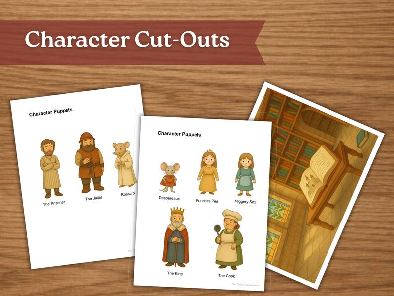 May include: Character cut-outs featuring illustrations of storybook characters. The image includes character puppets of a prisoner, jailer, mouse, princess, and cook. A picture of a library is also included.