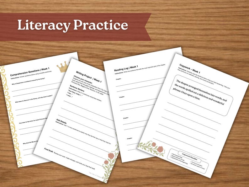 May include: Four white literacy practice worksheets with text, including "Comprehension Questions," "Writing Project," "Reading Log," and "Copywork." The worksheets are on a wooden surface, with the words "Literacy Practice" at the top.