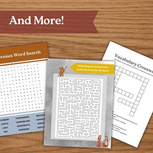 May include: Three printed activity sheets on a wooden surface. The sheets include a word search, a maze, and a crossword puzzle. The word search is titled "Despereaux Word Search". The maze has the text "Help Despereaux save the princess from the dungeon".