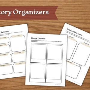 May include: Three white paper story organizers with black text sit on a wooden surface. The organizers include sections for character summaries, picture timelines, and comparing characters. The top left corner of the image has a banner that reads "Story Organizers".