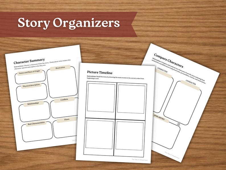 May include: Three white paper story organizers with black text sit on a wooden surface. The organizers include sections for character summaries, picture timelines, and comparing characters. The top left corner of the image has a banner that reads "Story Organizers".