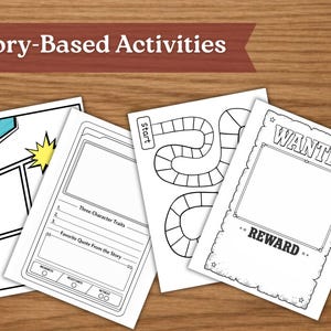May include: A collection of white paper activity sheets with black line art, including a comic strip, a game board, and a "Wanted" poster. The text "Story-Based Activities" is at the top. The sheets are on a wooden surface.