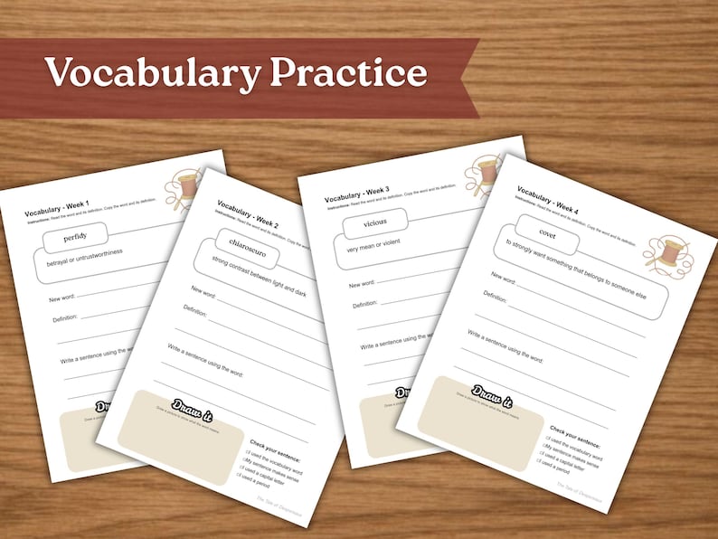 May include: Four white vocabulary practice worksheets with text and fill-in-the-blank sections are arranged on a wooden surface. The worksheets are labeled "Vocabulary - Week 1" through "Vocabulary - Week 4". The top banner reads "Vocabulary Practice".