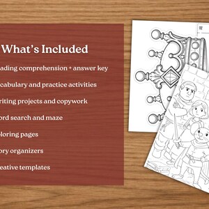 May include: Educational materials with the text "What's Included" and bullet points listing reading comprehension, vocabulary activities, writing projects, word search, coloring pages, story organizers, and creative templates. Two black and white illustrations are also included.