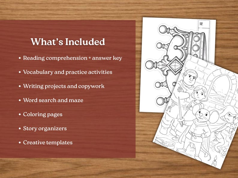 May include: Educational materials with the text "What's Included" and bullet points listing reading comprehension, vocabulary activities, writing projects, word search, coloring pages, story organizers, and creative templates. Two black and white illustrations are also included.
