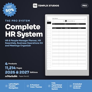May include: A digital HR planner for reMarkable Paper Pro and 2 tablets, featuring a Team Planner interface with columns for person, owner, and department. The system includes 11,214 pages, 2026 and 2027 editions, hyperlinked navigation, and 6 color themes.