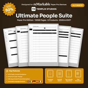 May include: A digital planner suite for reMarkable Paper Pro devices titled Ultimate People Suite. The set includes 13,268 pages across 6 products for 2026 and 2027. Features include left and right-handed navigation, 6 color themes, and hyperlinked systems.