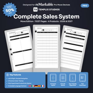 May include: A digital planner system for reMarkable Pro Move devices titled Complete Sales System, Move Edition, 11037 Pages, 4 Products, 2026 & 2027. It displays three tablet screens showing client meeting notes, lead tracker, and customer profile templates.