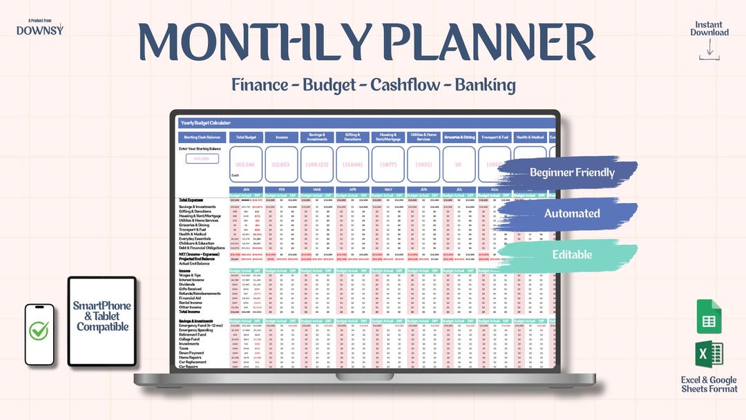 Monthly Budget Planner Google Sheets Expense Tracker Spreadsheet Zero ...