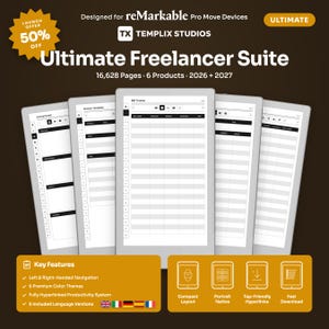 May include: A digital planner suite for reMarkable Pro Move devices titled Ultimate Freelancer Suite, featuring 16,628 pages across 6 products for 2026 and 2027. The display shows five tablet screens with white grid templates, bill trackers, and invoice layouts.
