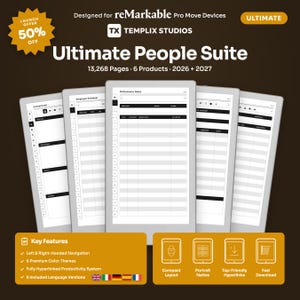 Może przedstawiać: Cyfrowy pakiet planistów dla urządzeń reMarkable Pro Move o nazwie Ultimate People Suite, zawierający 13 268 stron i 6 produktów na lata 2026 i 2027. Wyświetlacz pokazuje różne szablony produktywności z czarno-białymi układami siatki i zakładkami.