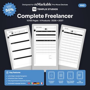 May include: A digital planner set for reMarkable Pro Move devices titled Complete Freelancer by Templix Studios. It includes 10165 pages, 4 products, and covers 2026-2027. Features include left and right-handed navigation, 6 color themes, and hyperlinks.